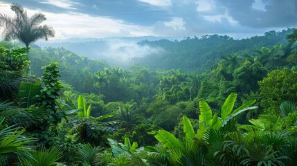 A panoramic view of a dense jungle canopy, with a variety of trees and vegetation creating a lush, green landscape.