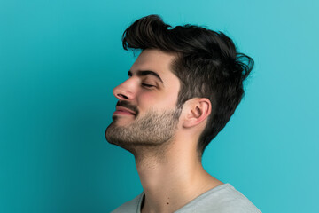 Fototapeta premium A close up of a man with beard and closed eyes looking to a side