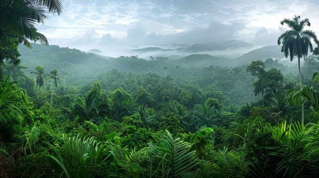 Fototapeta A panoramic view of a dense jungle canopy, with a variety of trees and vegetation creating a lush, green landscape.