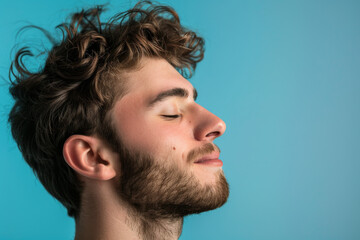Fototapeta premium A close up of a man with beard and closed eyes looking to a side