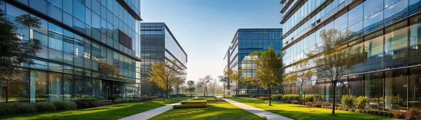 Obraz premium Contemporary business park featuring serene green pathways between hightech buildings, ideal for real estate development portfolios