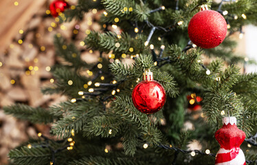 Tree, fir, Christmas xmas gift. Red merry green holiday gold ball. Decor new ornament noel winter. Golden light year traditional happy bauble. Spruce background present night