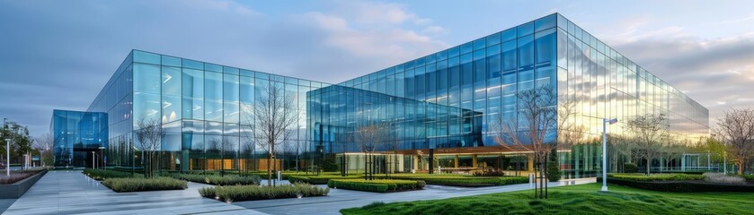 Ecofriendly corporate campus with integrated green spaces and reflective glass structures, suitable for presentations on sustainable architecture