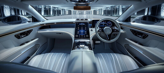 The interior of a future concept luxury B - segment sedan exudes premium elegance with innovative designs across the instrument panel, console, and door panels. Generative AI.
