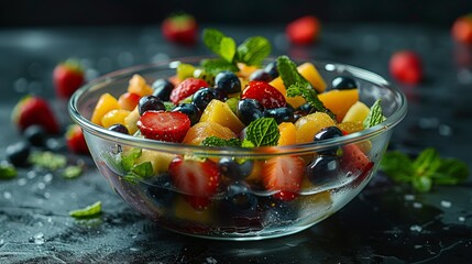 A refreshing fruit salad in a clear glass bowl, with a variety of colorful fruits and a sprinkle of mint leaves, looking cool and appetizing.