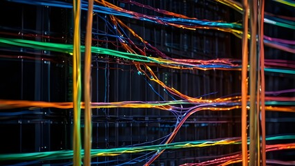 LEDs and colored electrical cables. optical fiber, vibrant hues, a backdrop for technology, and newly developed business trends made possible by generative artificial intelligence
