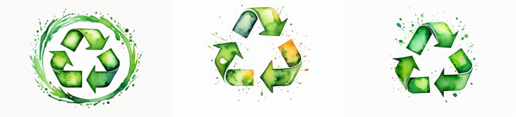 Obraz premium Watercolour drawing of the recycling sign on a white background 