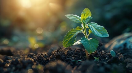 A small seedling emerging from rich, dark soil, bathed in soft sunlight, symbolizing new growth and the promise of regeneration.