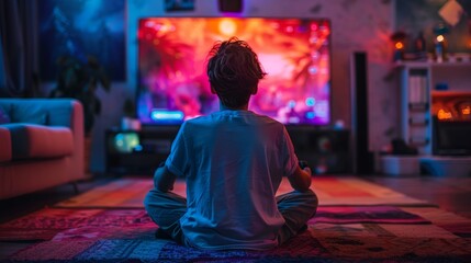 Fototapeta premium A teenager sitting cross-legged on a colorful rug, engrossed in playing video games on a large TV screen, with gaming controllers in hand.