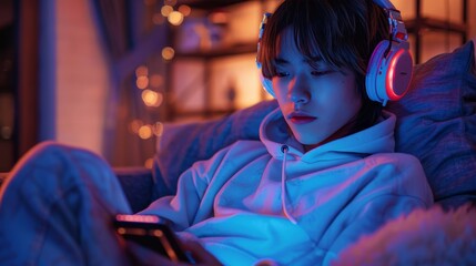 A teenager sitting on a couch, wearing headphones and using a smartphone for online gaming, with a digital game interface visible on the screen, highlighting the entertainment aspe