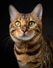 Bengal Cat Portrait on Black Background with Intense Expression