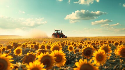 A tractor plowing a field of sunflowers under a clear blue sky, with dust rising behind it in the golden sunlight.