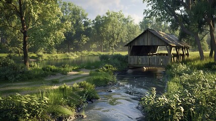Obraz premium Covered Wooden Bridge