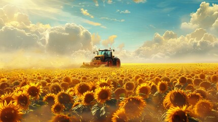 Fototapeta premium A tractor plowing a field of sunflowers under a clear blue sky, with dust rising behind it in the golden sunlight.