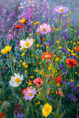 Vibrant field of cosmos and wildflowers in bloom.