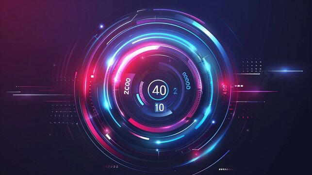 A speedometer design for car auto dashboards, showcasing abstract technology with a download progress bar or round indicator representing web speed. This vector design merges automotive 