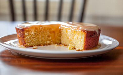 Sliced cake with caramel glaze on white plate.