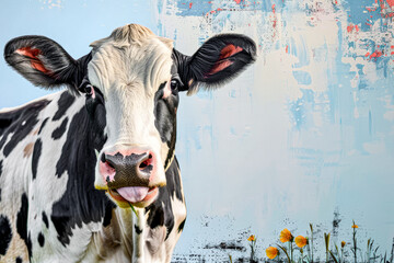 Playful cow with tongue out on artistic blue background.