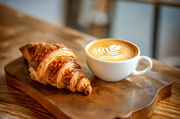 Croissant and latte with latte art on table.