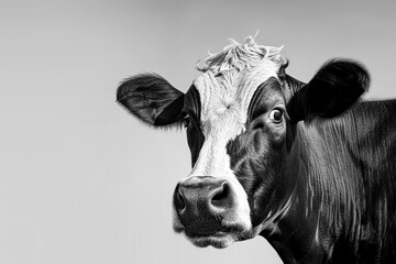 Black and white close up photo of a cow's head.