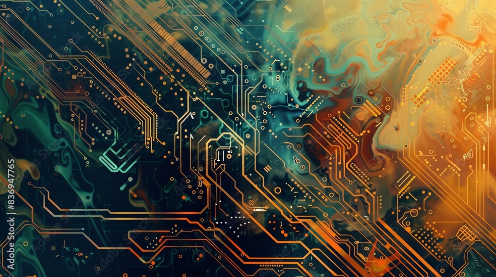 Poster futuristic abstract background blending technology circuit patterns with artistic brush strokes and 
