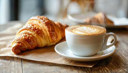 A croissant and a cup of coffee with latte art on a wooden table.
