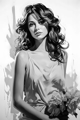 Fototapeta premium Vintage 1950s Portrait Sketch A Beautifully Rendered Illustration Capturing the Essence and Glamour of a Woman from the Golden Era, Showcasing Timeless Elegance and Classic Style Wallpaper Digital Art