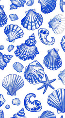 Seamless pattern of blue seashells and starfish.