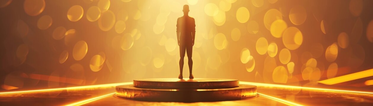 Silhouette of a person standing on stage with golden lights and bokeh background, representing achievement and success.