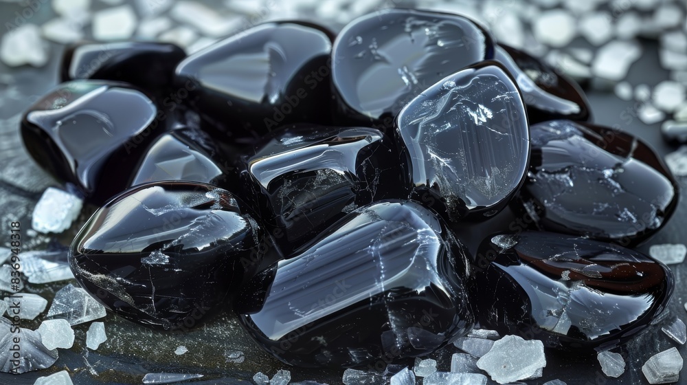Poster Tumbled black obsidian gemstone on dark. Generative AI.