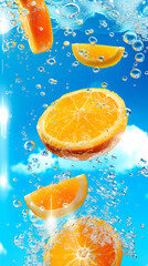 Sliced oranges submerged in water, bubbles rising.