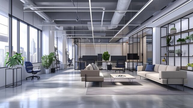 Modern coworking area office interior, empty with no people, open space cabinet room with furniture, horizontal