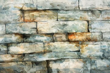 Hand-drawn Watercolor Stone Wall Illustration with Vintage Grunge Texture