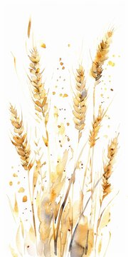 Hand-drawn Watercolor Wheat Ears on White Background for Organic Food Concept