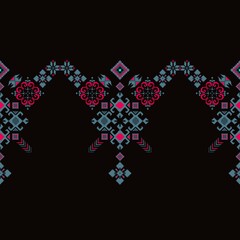 This geometric style ikat ethnic pattern in blue tones provides a warm and exotic ambiance, perfect for modern textile ethnic applications. The design merges traditional ikat weaving  ethnic African 