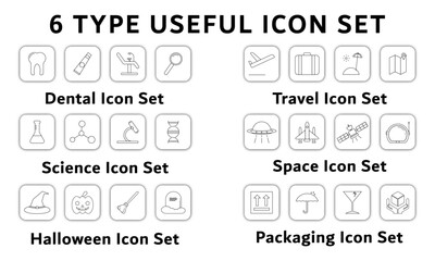 Set of fragile package, Halloween, Space, Science or Chemistry Lab, Travel and Dental Care 3 pt. icons on transparent background. Useful flat line icon set. Science Laboratory Equipment Icon Set.