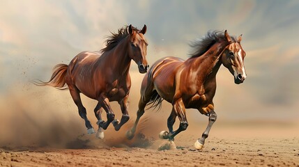 Two horses neck and neck, racing towards the finish line with determination in their eyes