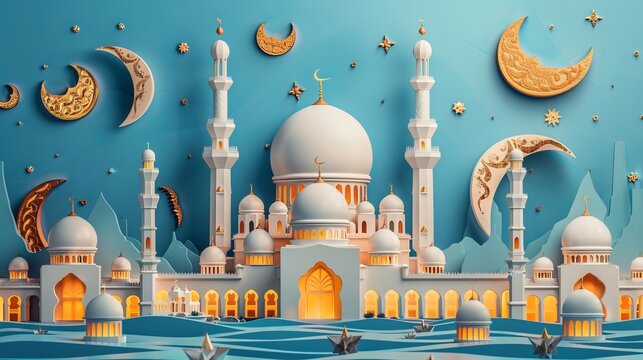 Eid Al Adha Banner Design Vector Illustration. Islamic and Arabic Background for Muslim Community Festival. Moslem Holiday. 3D Modern Islamic suitable for Ramadan, Raya Hari, Eid al Adha, and Mawlid