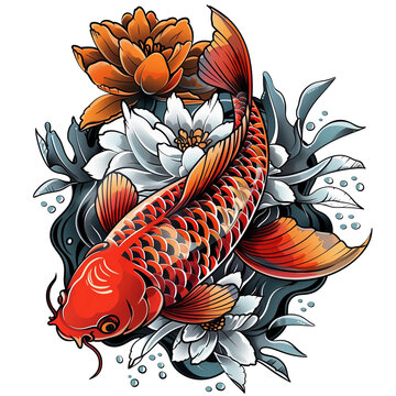 Traditional Japanese tattoo classic motifs like koifish and lotus with clip path on transperent background.Japanese tattoo culture concept