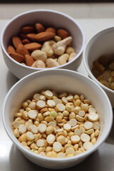 Roasted gram, Nuts in bowls with a copy space