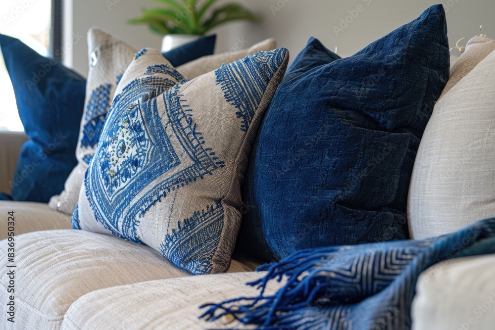 Wall mural Fabric Close Up. Australian Accent: Closeup of Beige and Blue Fabric Sofa with Bright Water-themed Throw