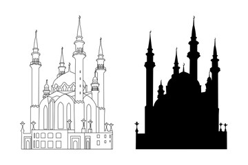 Vector illustration of the outline and silhouette of the Kul Sharif Mosque in Kazan on a white background. A landmark of Tatarstan, Russia.