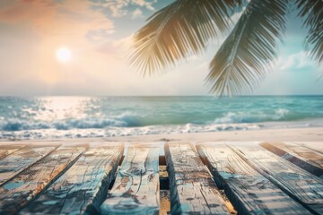 Tropical beach product presentation on vintage wood table.