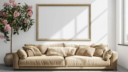 Frame mockup, home room interior with sofa, framed poster on wall