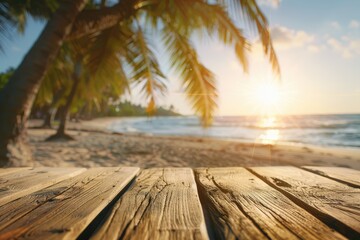 Tropical beach product presentation on vintage wood table.
