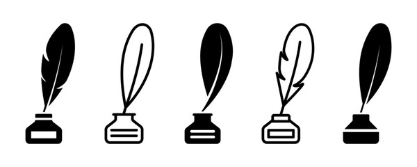 Set of feather with inkwell vector icons. Nib and inkstand. Old vintage pen. Vector 10 Eps. © Міша Герба