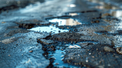 Close-up of a pothole-filled asphalt road with puddles of water, highlighting road damage and poor maintenance.

