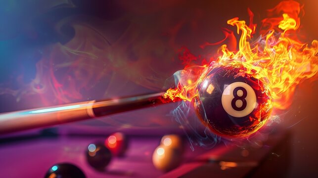 A cue and billiard ball with the number 8 depicted in flames, soaring against a colorful background. This fiery imagery captures the intensity and excitement associated with the game of billiards. 