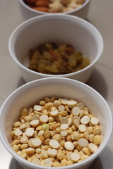 Roasted gram, Nuts in bowls with a copy space
