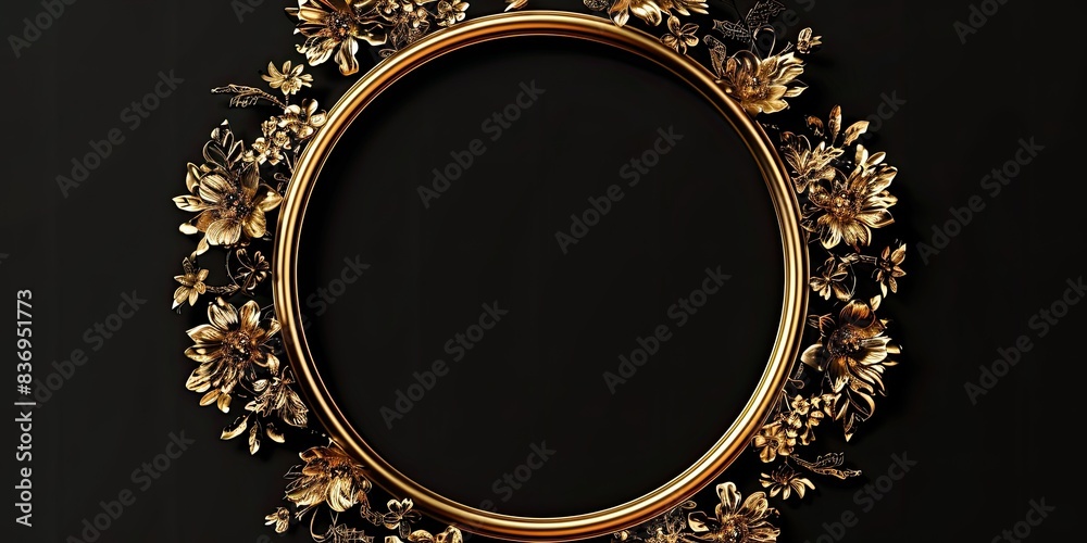 Wall mural elegant gold floral frame on black background